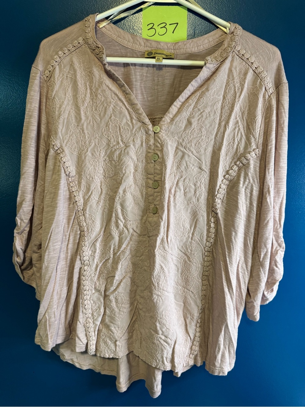Democracy Mauve Lace-Trim Embroidered Henley Tunic
